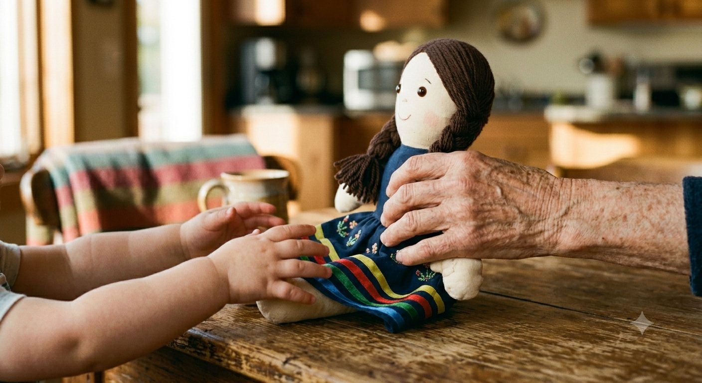 Concept render of an Elder's hands holding the soft doll toward a child's reaching hands.