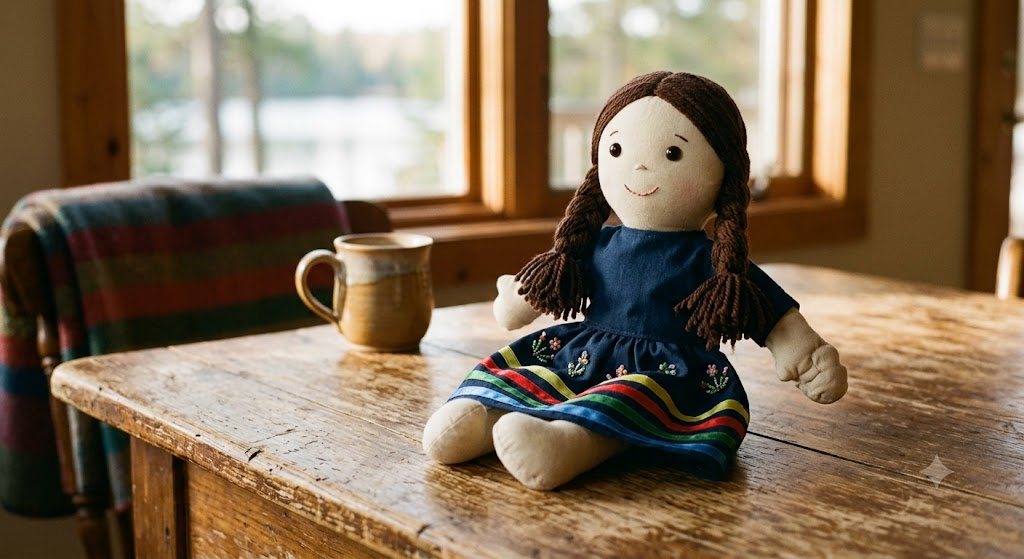 Concept render of a handmade soft doll on a wooden kitchen table in warm morning light.