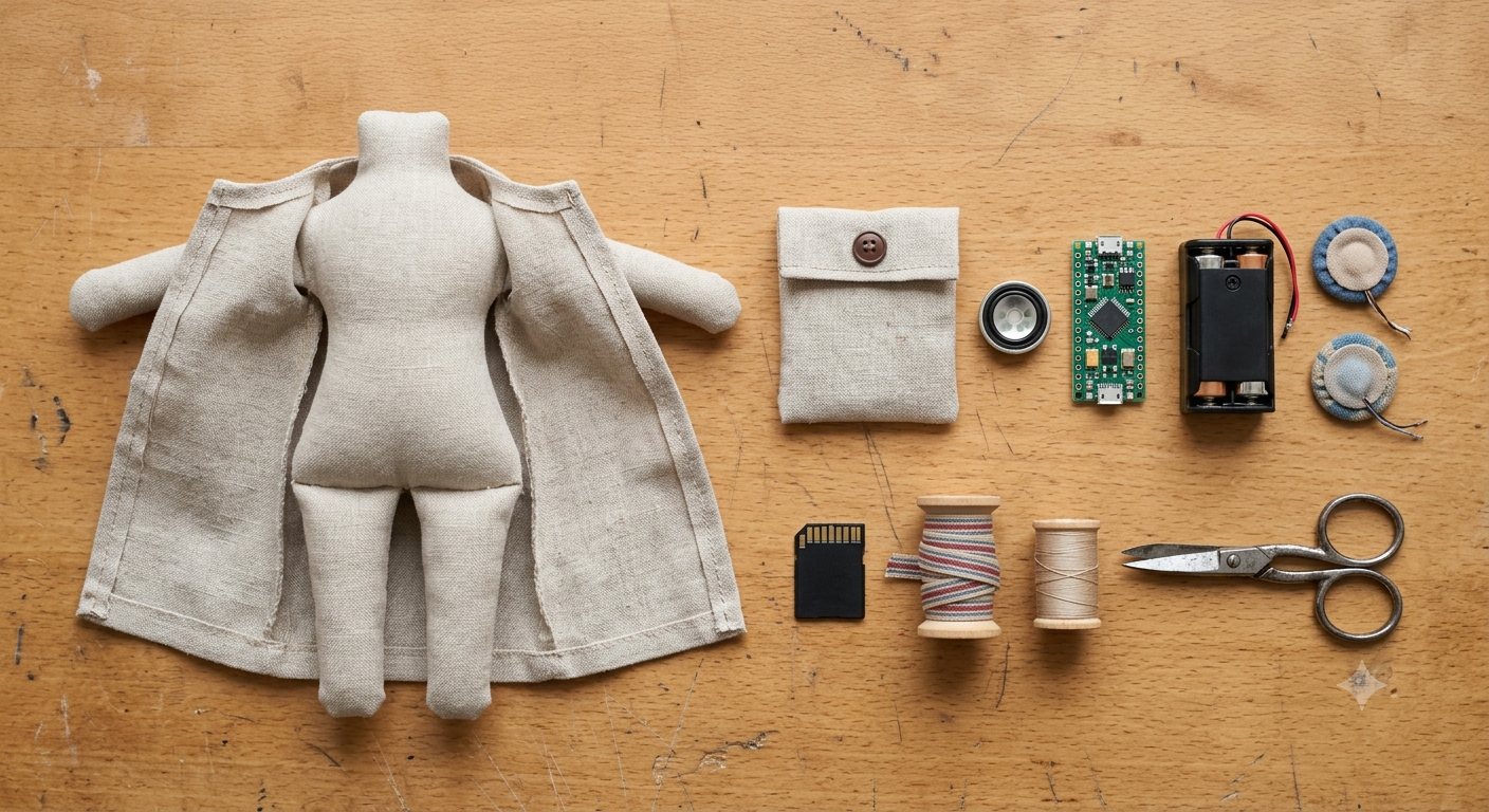 Concept render of the doll's internals laid out on a sewing table.